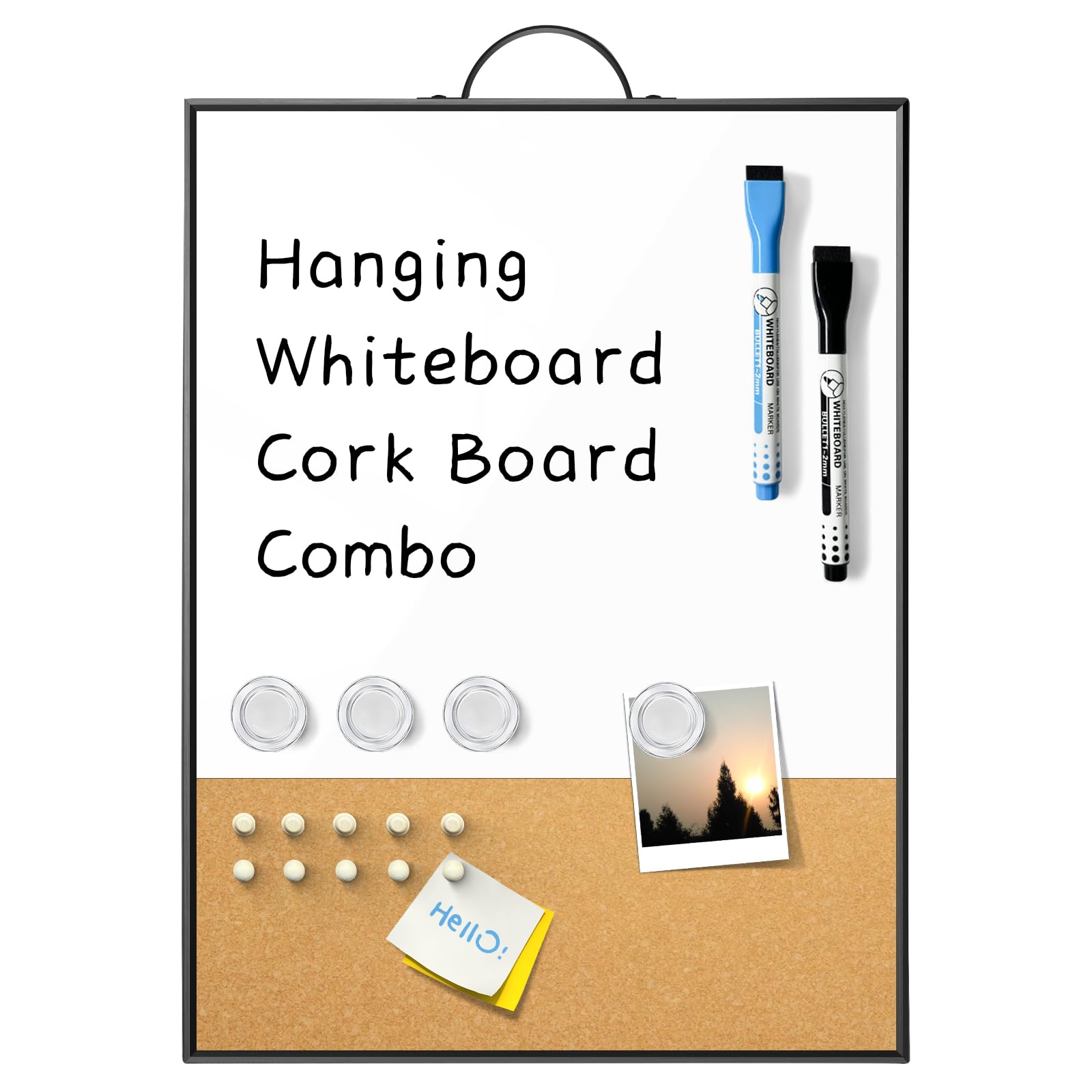 Pizarra blanca pequeña de corcho, pizarra magnética de borrado en seco de 16 x 12 pulgadas y tablero de corcho de anuncios con asa para colgar en la pared, pizarra blanca portátil con marco de