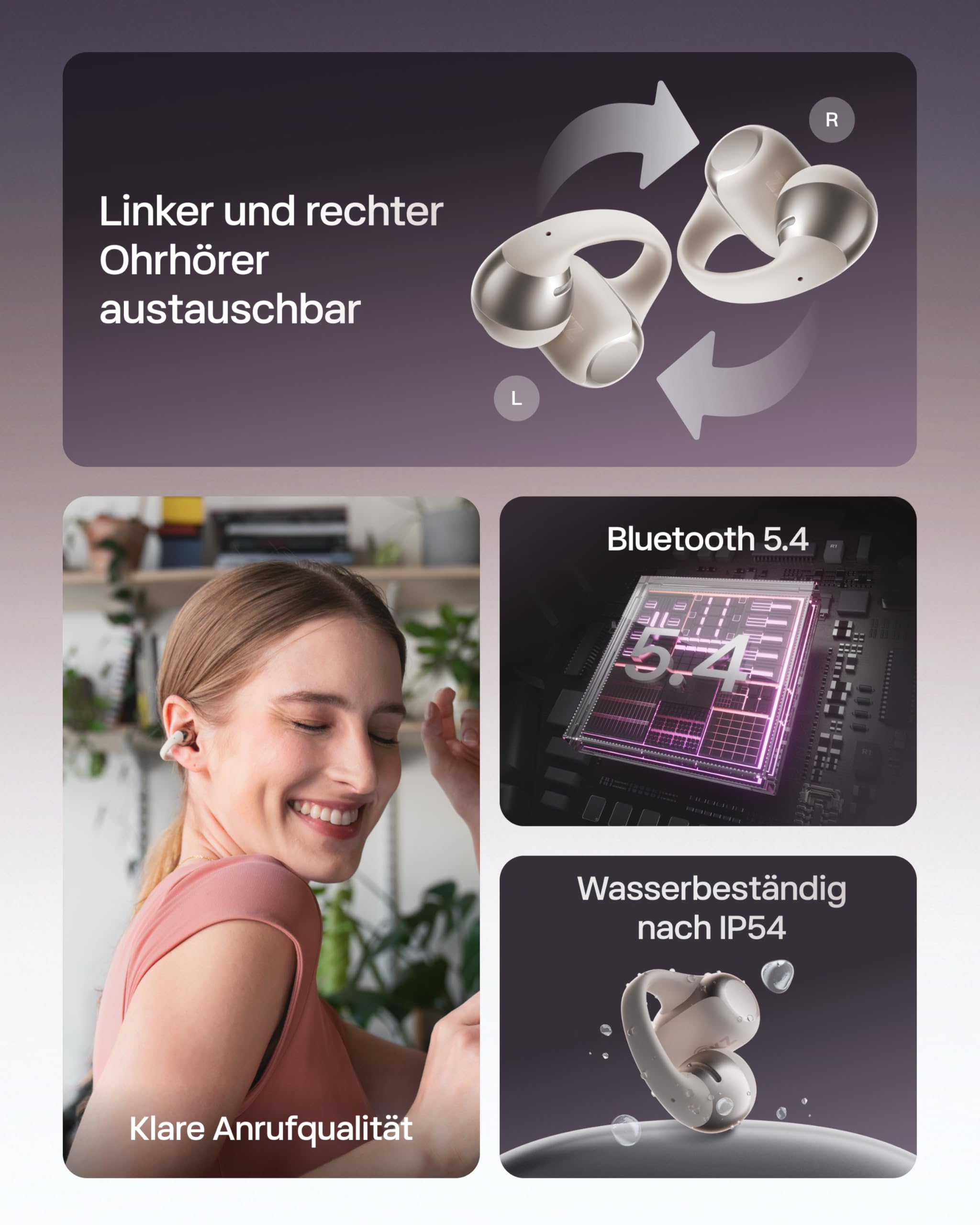 SHOKZ OpenDots ONE Open Ear Kopfhörer, Premium Dolby Audio, Clip On Earbuds mit Mikrofon, Bluetooth 5.4, schnelles Aufladen, 40 Stunden Spielzeit, IP54, Gewicht 6,5g, mit Reinigungstuch, Grau