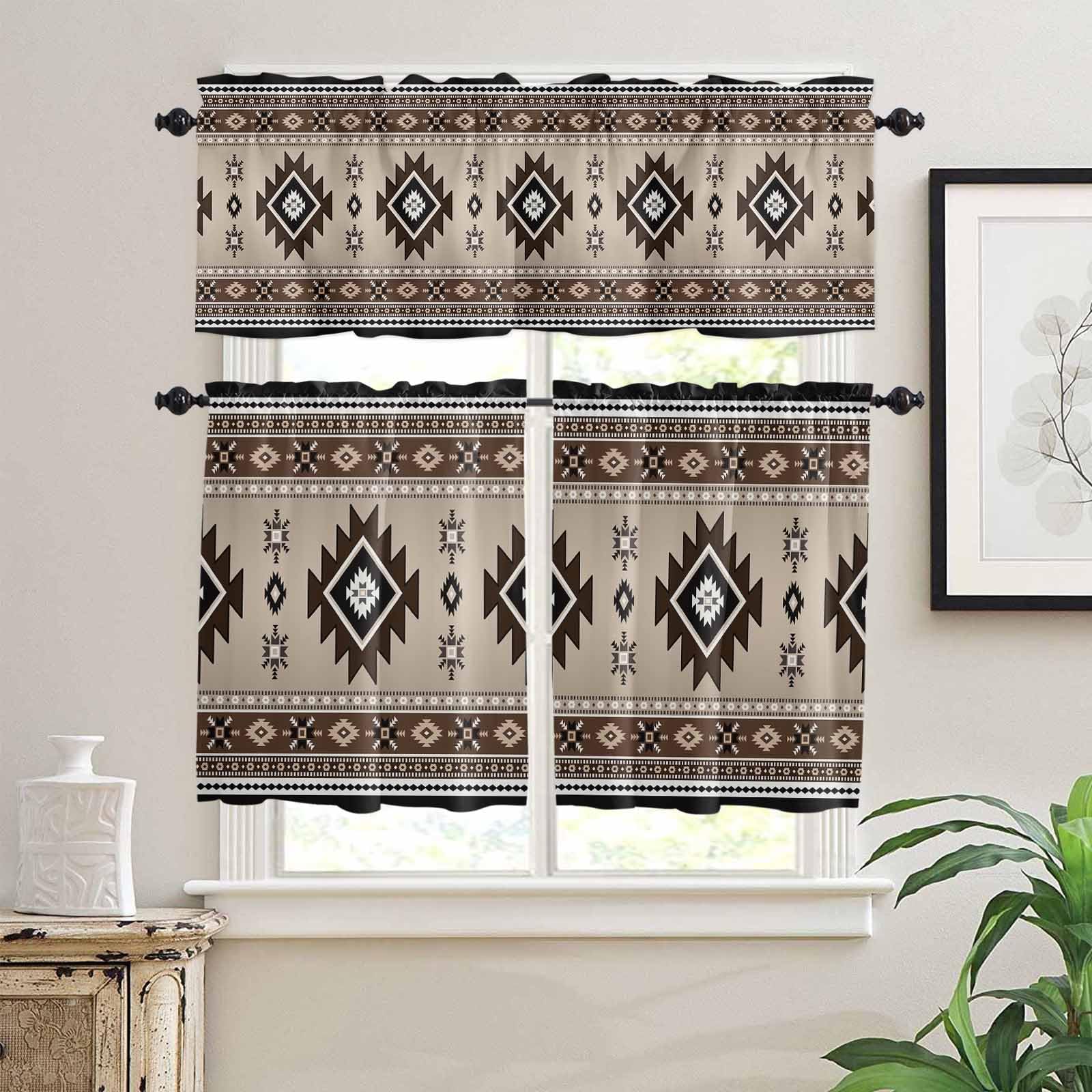 Brown Aztec Kitchen Curtains 36 Inch Length, 3 Piece Rod Pocket Small Half Tiers and Valance Set, Boho Southwest Ethnic Neutral Motifs Small Large Window Treatment Decor for Bedroom/Bathroom Sink