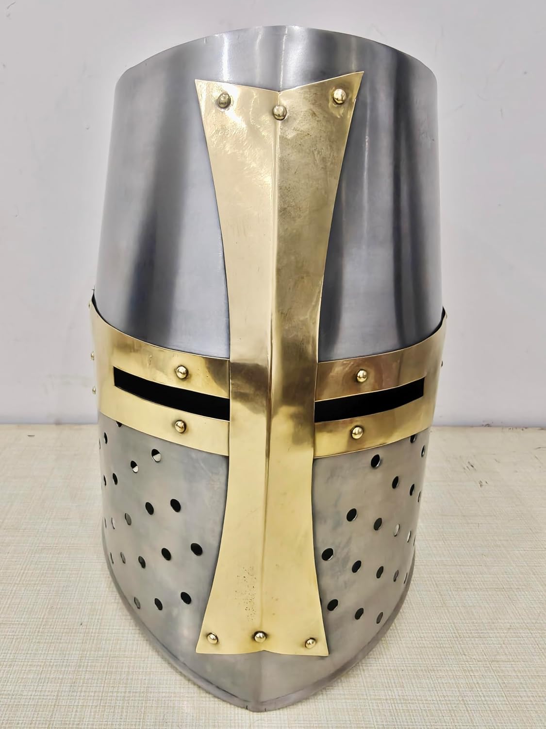 Medieval Crusader Great Helm, Knight Templar Replica Helmet, Silver and Brass Finish, Adult Costume Armor