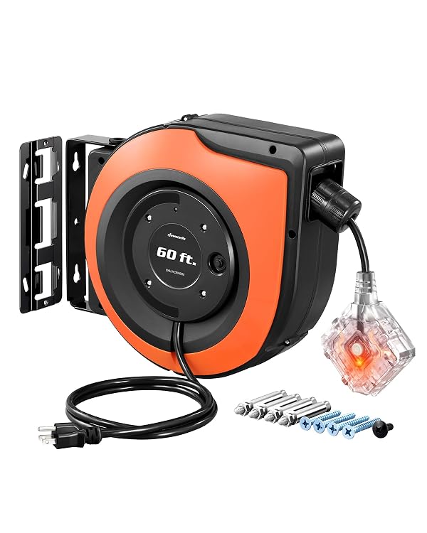 DEWENWILS 6 Grounded Outlets Retractable Extension Cord Reel, 60FT Heavy Duty Power Cord, Llluminatedn/off Switch, Wall/Ceiling Mounted for Garage, Workshop, ETL Listed by DEWENWILS - Used condition - US$87.25