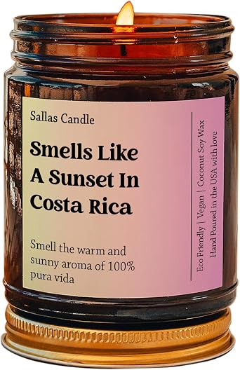 Smells Like A Sunset Soy Wax Candle, Costa Rica Gift, Eco Friendly 4Oz & 9Oz Amber Candle - 9 Scent Options