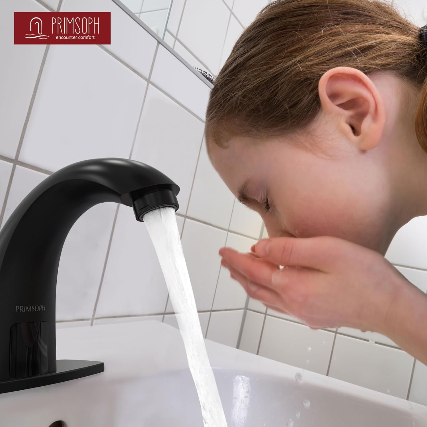 PRIMSOPH Automatic Motion Sensor Hands Free Electronic Infrared Smart Commercial Touchless Bathroom Sink Faucet with Cover Plate Temperature Mixer Battery or Plug-in Powered Matte Black