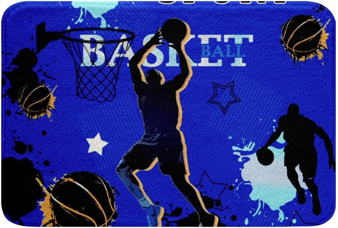 Feelyou Basketball Bathroom Accessories 16"x24" Gaming Sports Bathroom Rugs for Kids Boys Girls Decor Ball Games Bath Mats Breathable Soft Lightweight Microfiber Blue Bedroom Decor