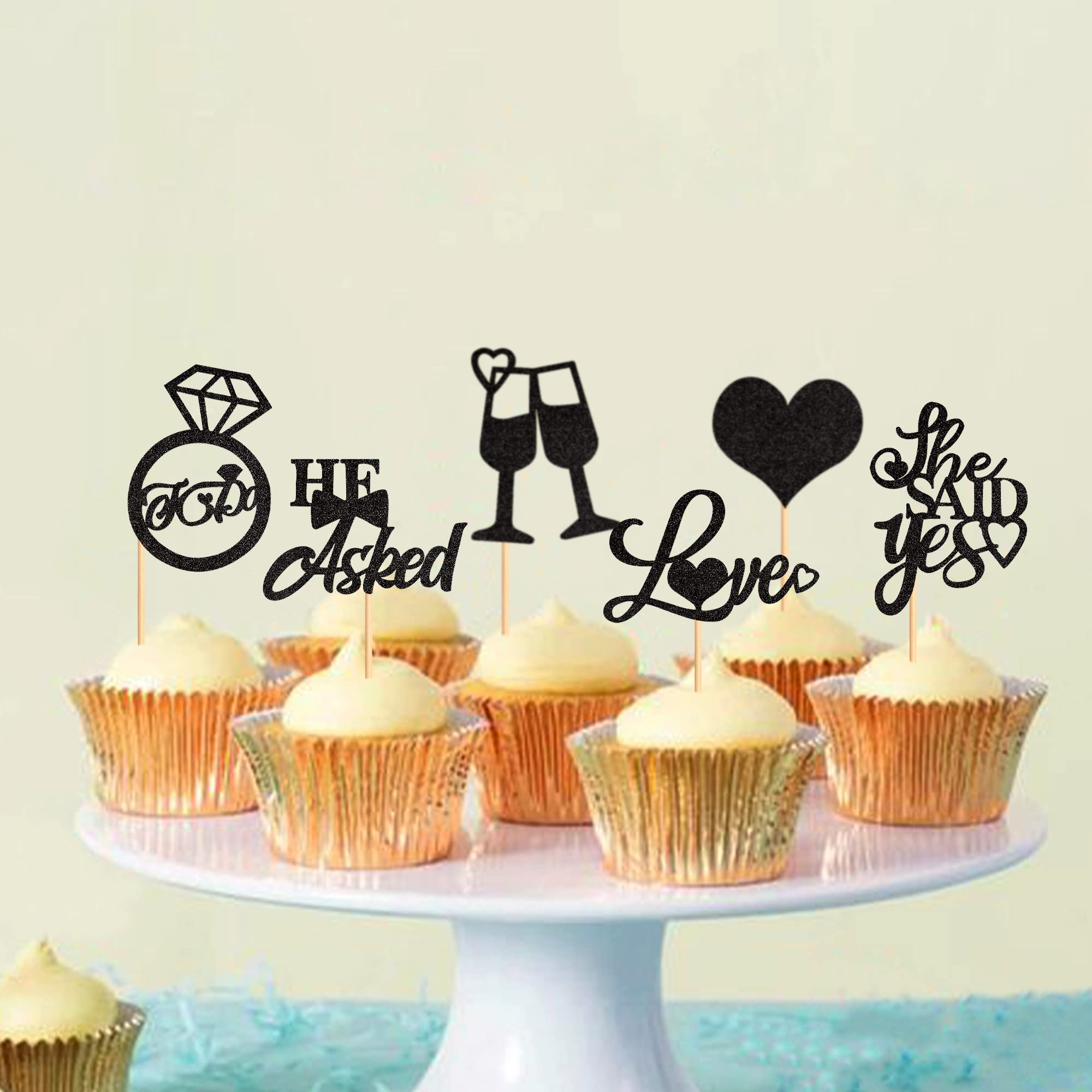 Blumomon 24Pcs He Asked She Said Yes Cupcake Toppers Black Glitter Love Heart I Do Ring Cupcake Food Picks for Wedding Engagement Bridal Shower Party Cake Decorations Supplies