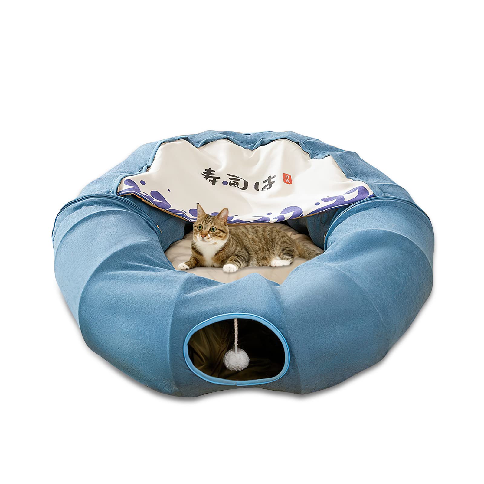 Galatée Katzentunnel, Katzenbett Für Den Innenbereich, Haustierhöhlenbett Mit 1 Hängenden Kratzbällen, Zusammenklappbarer Runder Katzentunnel, Katzentunnelbett(Blau)
