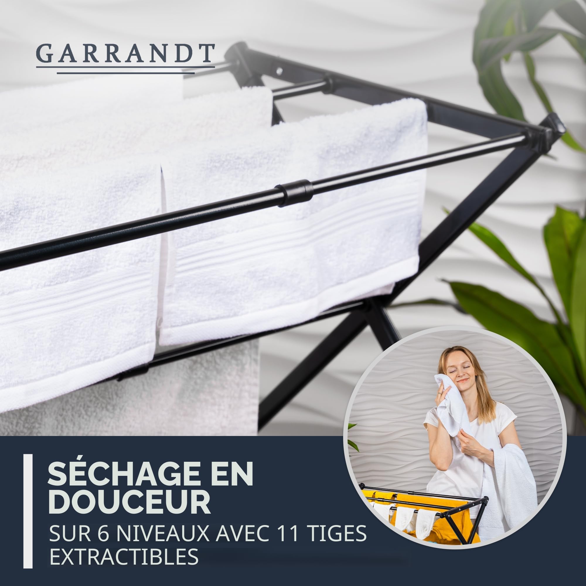 Séchoir à Linge Pliable, Robuste, Peu encombrant, 6 Niveaux avec 11 Barres, Pliable et Extensible, Petit, Balcon en Noir (Blanc)
