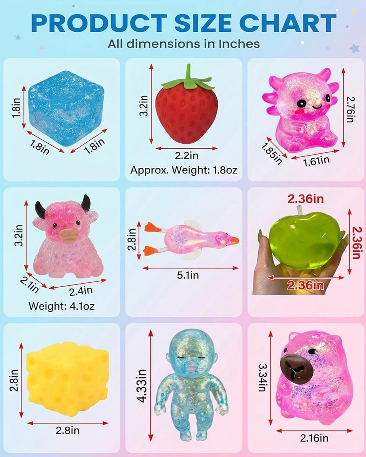 9 Pack Squishy Toys Squeeze Slow Rising Fidget Toy Sugar Filled Stress Ball Glitter Color Changing Cute Food-Shaped Highland Cow Cheese Strawberry Sugar Cube Duck Bear Crunchy