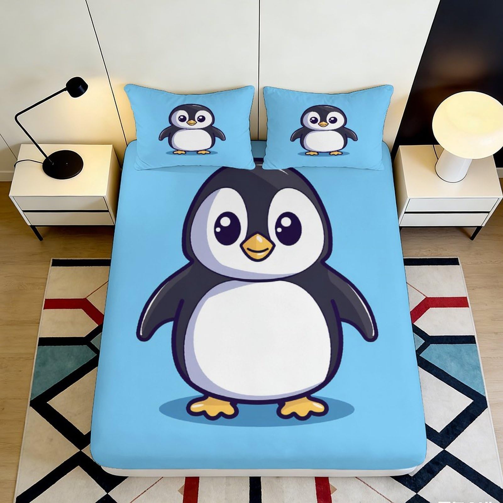 3D Printed Cute Penguin Fitted Sheet Microfiber Soft Blue Cartoon Mattress Cover for Bedroom Dorm Home Decoration 90x200x25cm