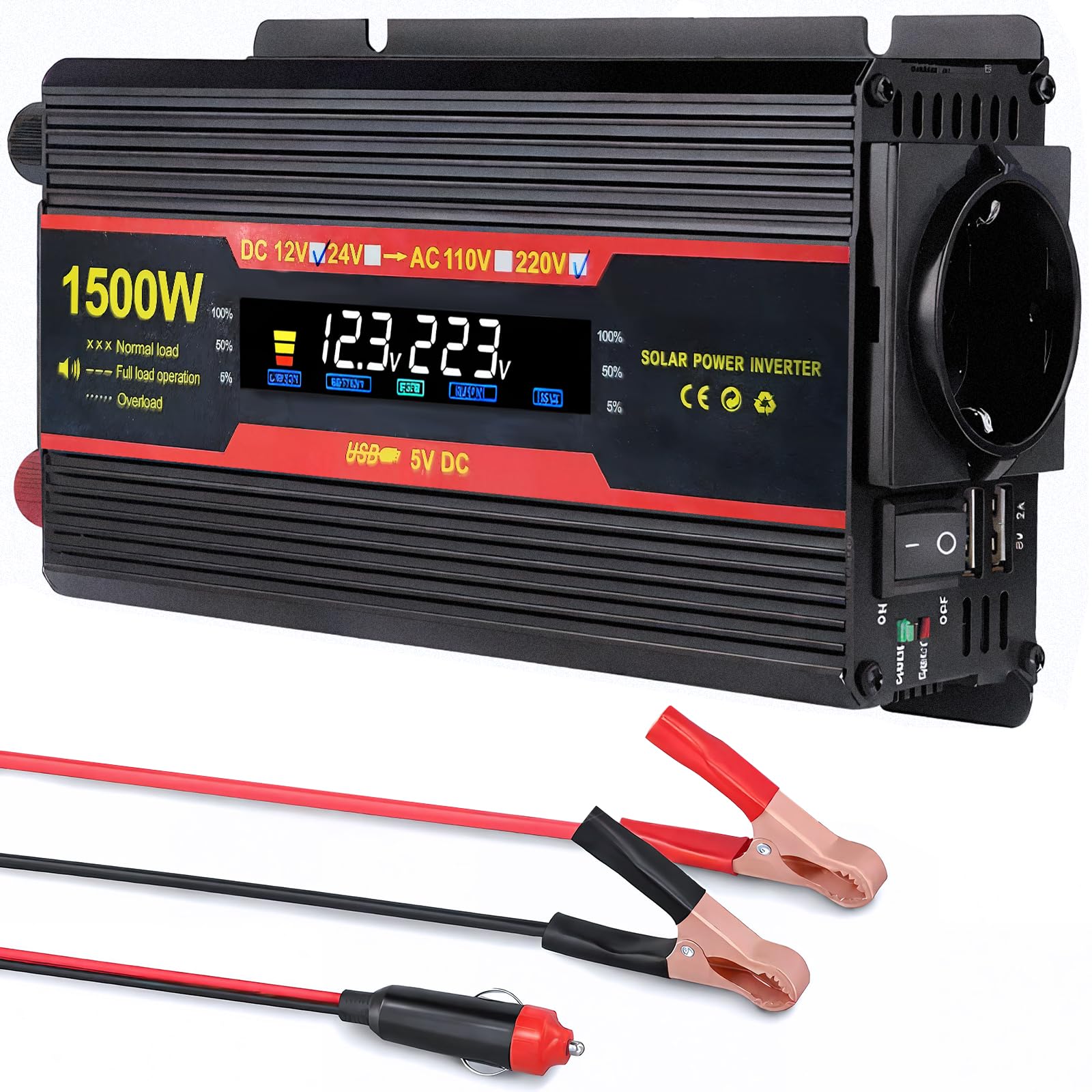 1500W Convertidor 12V 220V Transformador 12V A 220V Convertidor De Corriente, 1 Toma De Corriente Y 2 Puertos USB para AutomóViles, VehíCulos, Caravanas, Camiones
