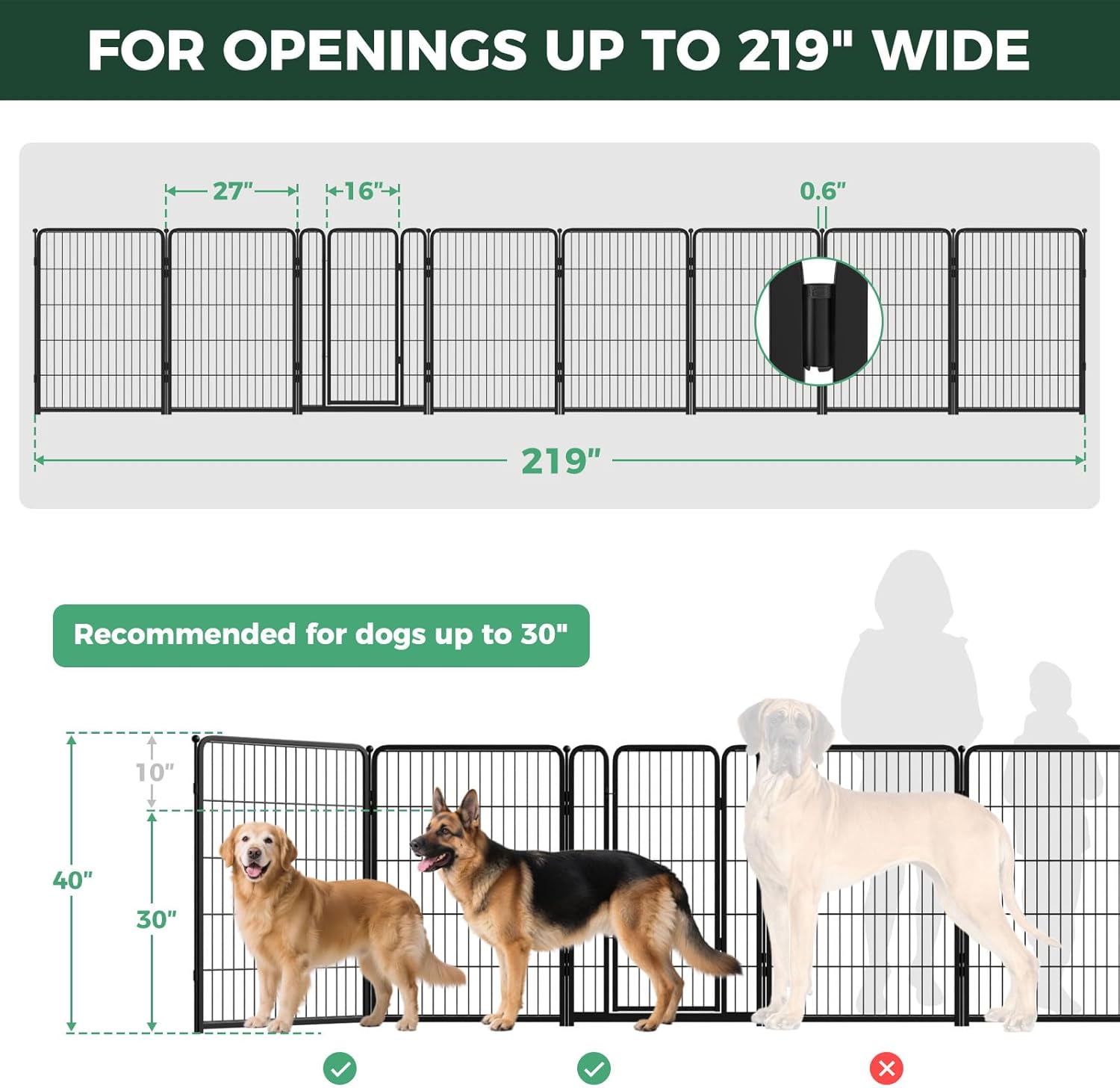 FXW Dog Gate Extra Wide Designed for Indoor Use, Adjustable Width Up to 219-inch Wide (40" H 8 Wire Panels for Medium and Large Dogs), Black