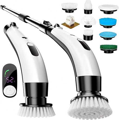 PUNOMO Limpiador eléctrico giratorio, cepillo de limpieza impermeable inalámbrico con 8 cabezales de cepillo reemplazables - Tiempo de trabajo de