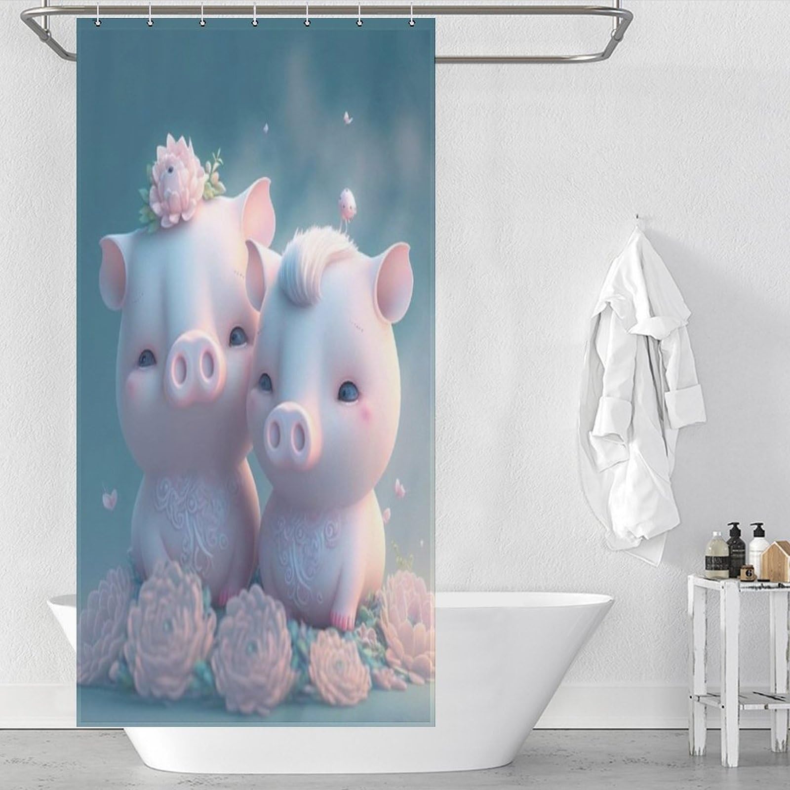 Rideau de bain cochon mignon en polyester lavable pour une douche étanche