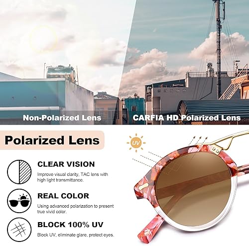 Miniatura 7 de CARFIA Gafas de sol polarizadas de acetato de cara pequeña para mujer, protección UV, retro, doble puente, gafas de metal redondas