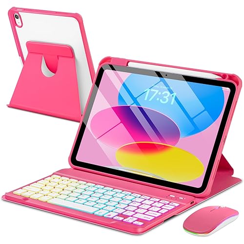 Case with Keyboard Mouse for iPad A16 11th 10th Generation 11/10.9 inch,Rainbow Backlit Detachable Keypad Rotatable Magnetic Cover Pencil Holder for iPad 11 2025 10 Gen 2022 Watermelon Red