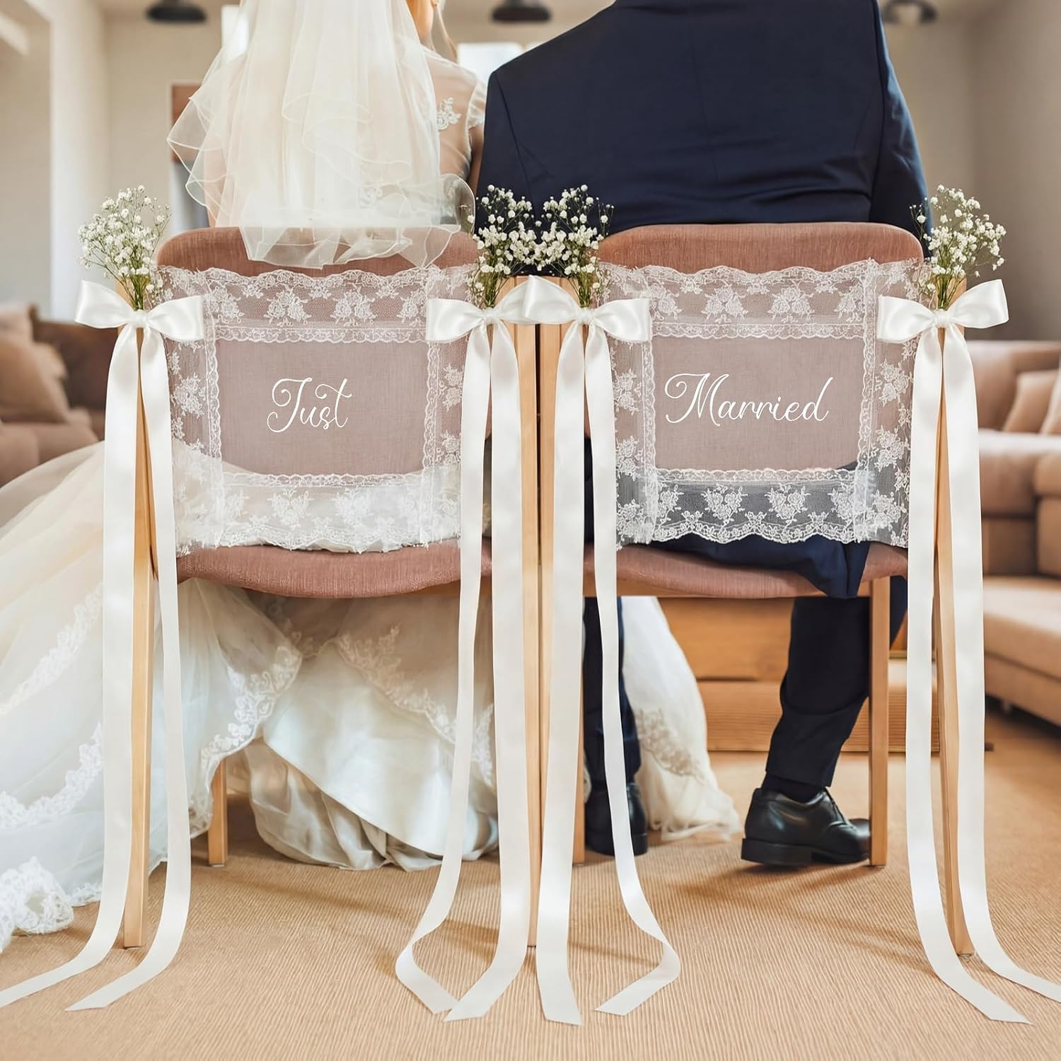 Breling 2 Pcs Lace Just Married Wedding Chair Signs Sweetheart Table Chairs Back Banners Covers Decorations with Ribbon for Bride and Groom, Mr & Mrs Ceremony Reception