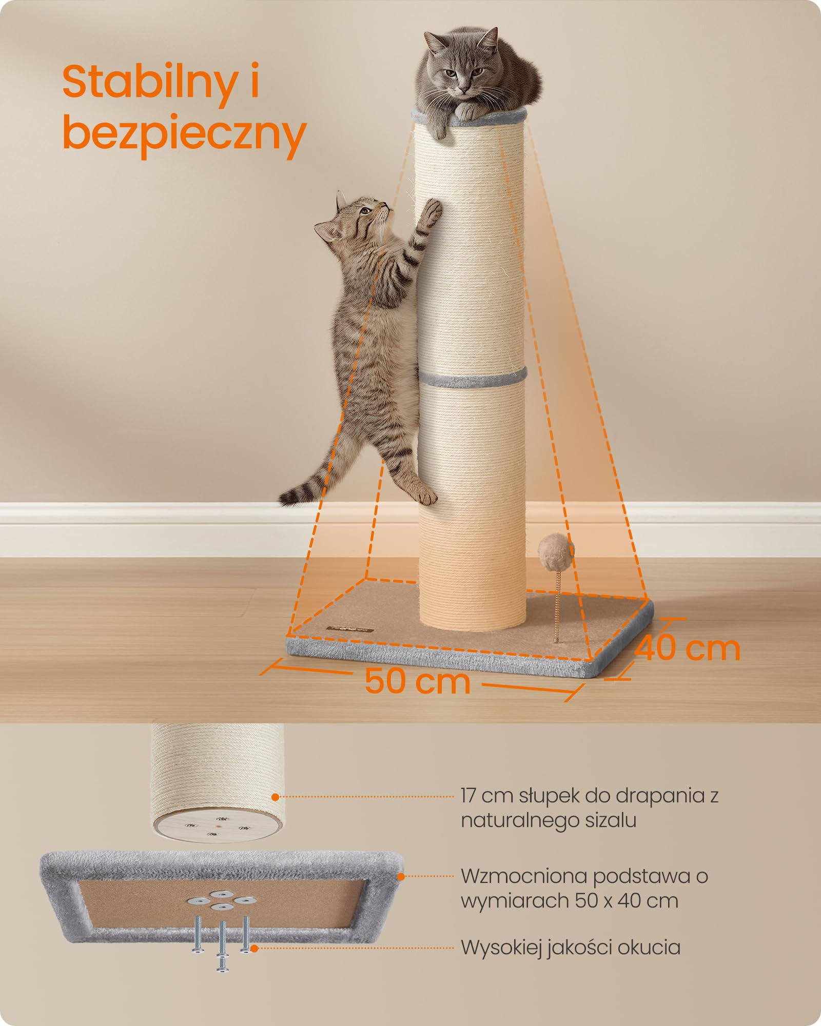 Feandrea Drzewo dla kota, wys. 85 cm, drapak XXL, pień o grubości 17 cm, drzewo dla kota, takich jak Maine Coon, pień z sizalu, z pluszową piłeczką i dzwoneczkiem, gołębioszary PCA042G01