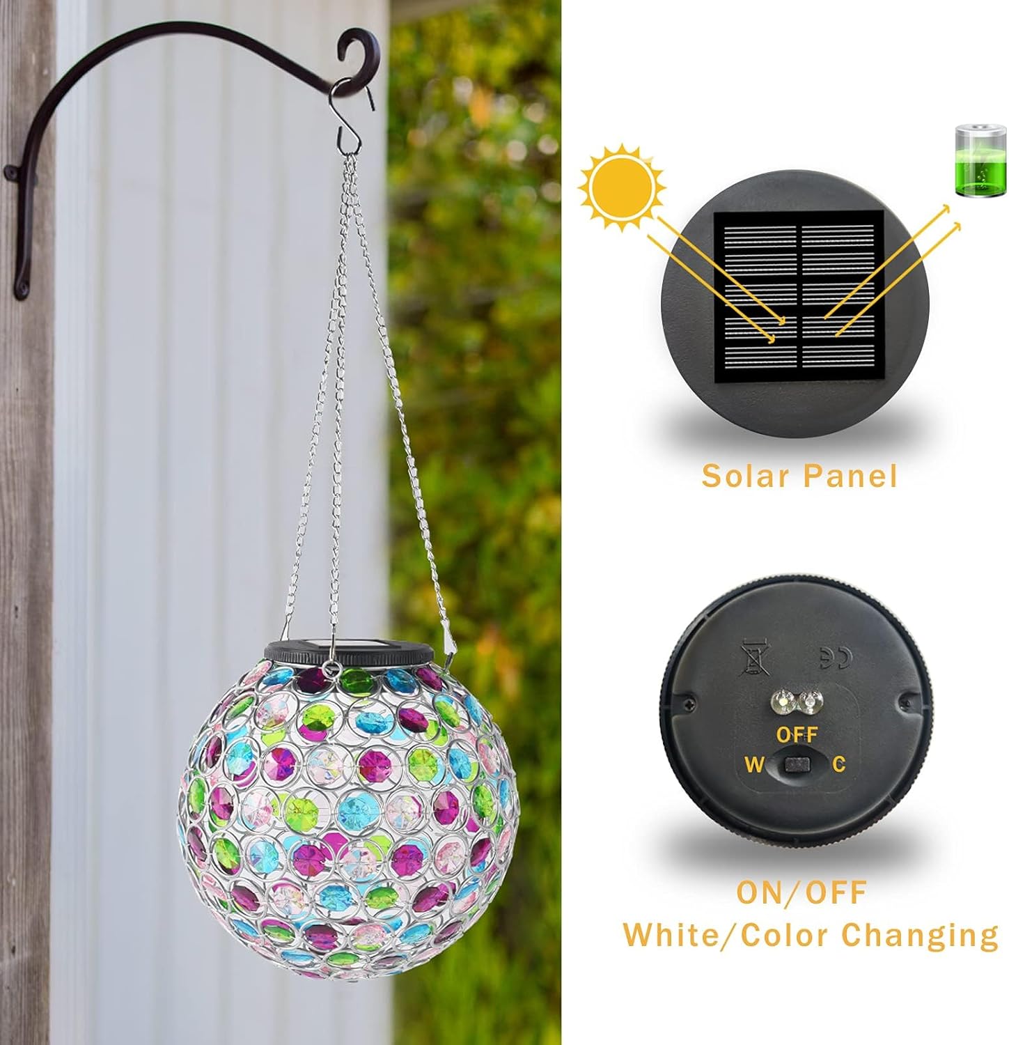 Solar Hanging Lantern Outdoor Lights, Dual LEDs Color Changing and Cool White Hanging Light Waterproof Crystal Globe Lamp Decoration in Garden, Pathway, Front Door - Multi Color - Image 3