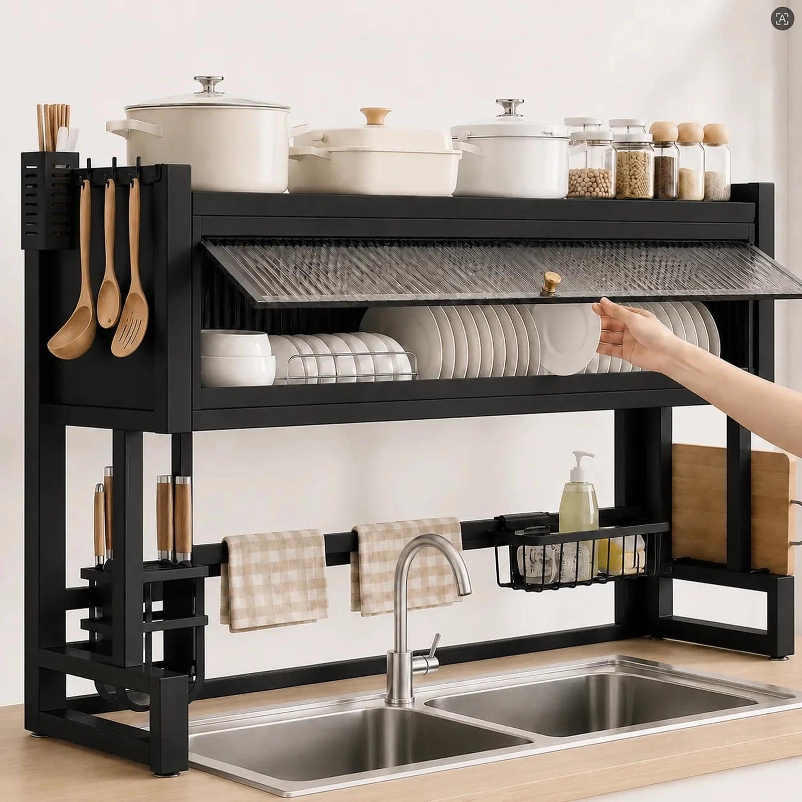 Escurridor de platos para fregadero de 2 niveles con tapa, color negro, para platos, cuencos, cubiertos y tabla de cortar, escurridor que ahorra espacio con soporte de silicona (65 cm)