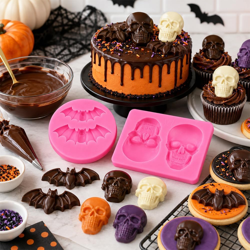 Halloween Silicone Molds, 2 Pcs Pink Halloween Chocolate Molds, Skull Bat Baking Epoxy Resin Mold for DIY Crafts Chocolates Cake Candy Pudding Jelly Making Horror Halloweens Party Supplies