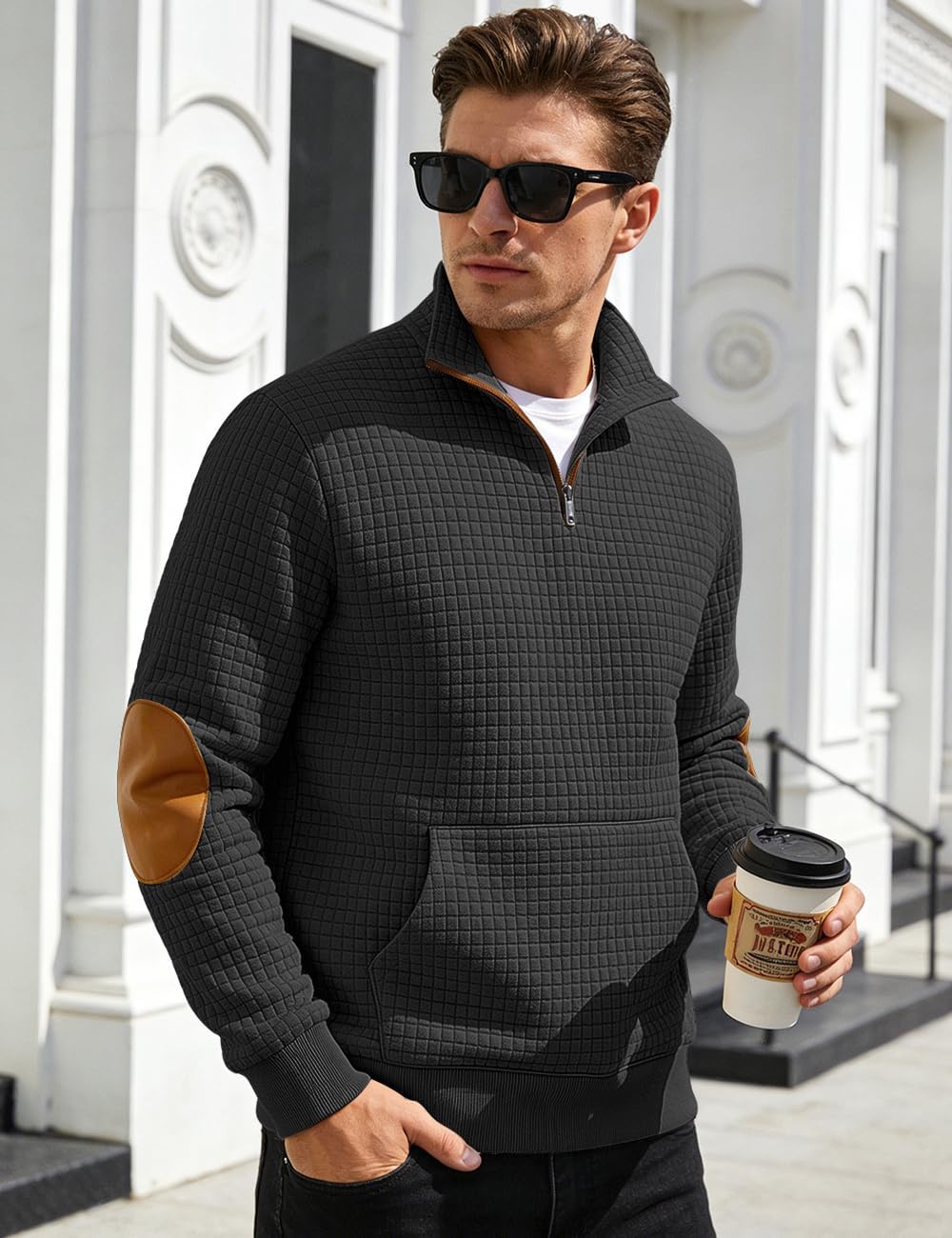 Mens Sweatshirt Casual Stand Collar Quarter Zip Pullover Fall Waffle Sweaters Long Sleeve with Pockets - Image 4