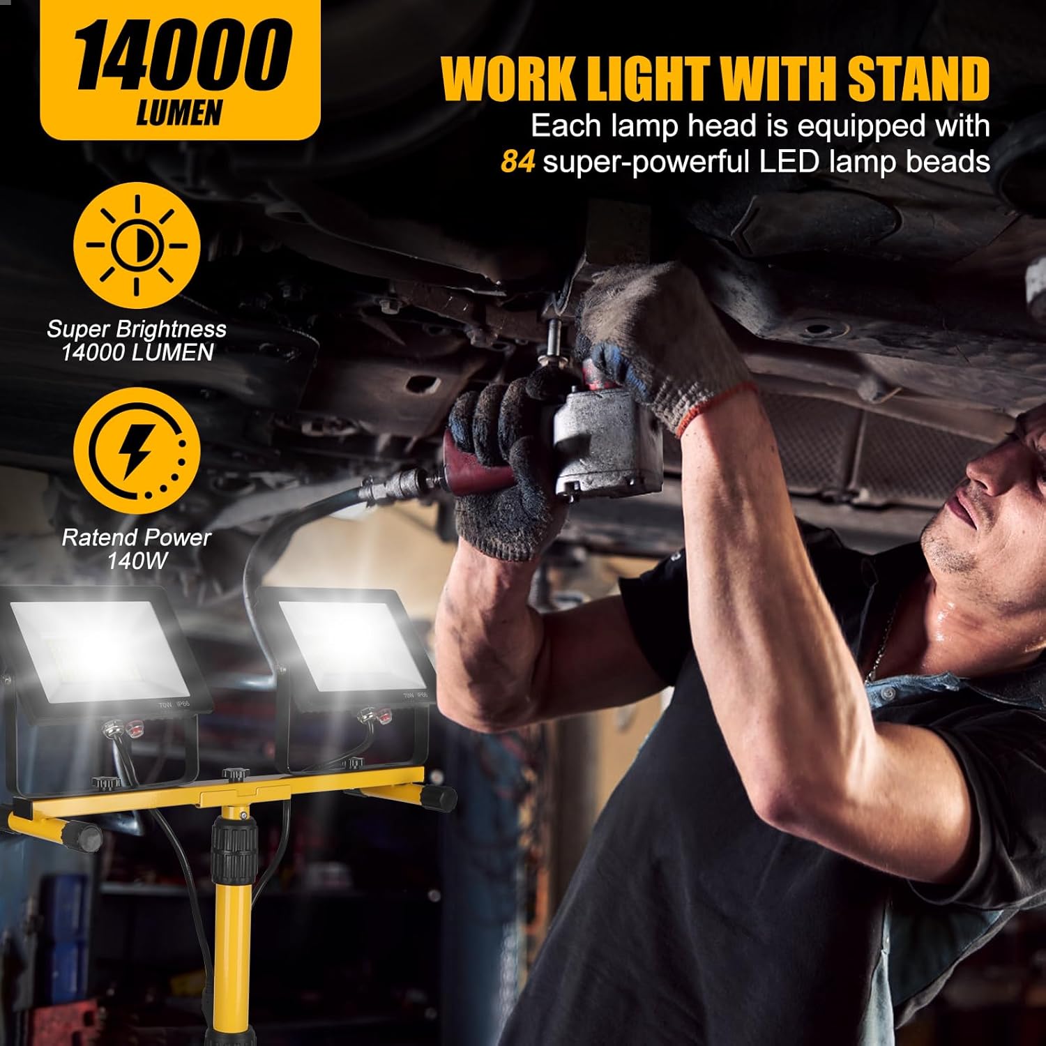 21000Lumen LED Work Lights with Stand - 3 Head Portable Work Light on Stand - IP66 Waterproof Tripod Worklights for Outdoor Indoor Job Site Workshop Garage Construction Site Lighting