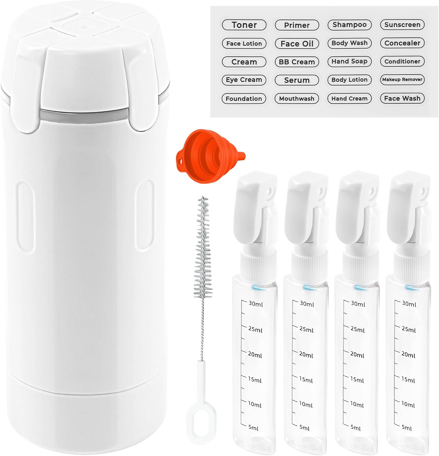 4-in-1 Travel Dispenser, 4 Pack 30ML Travel Bottles with Stickers for Toiletries – Leak Proof Refillable Containers for Shampoo, Conditioner, Creams, Lotions (White)