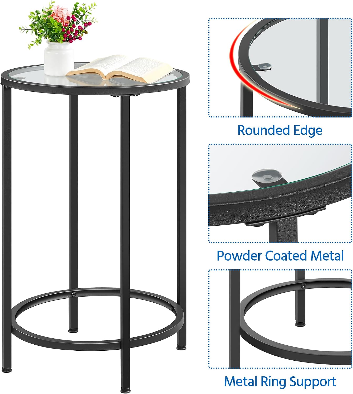 Yaheetech Black Glass End Table Set of 2, Round Side Table Modern Style Tall End Table Accent Table with Glass Top & Metal Frame, 2pcs Glass Side Table for Living Room, Balcony, Bedroom