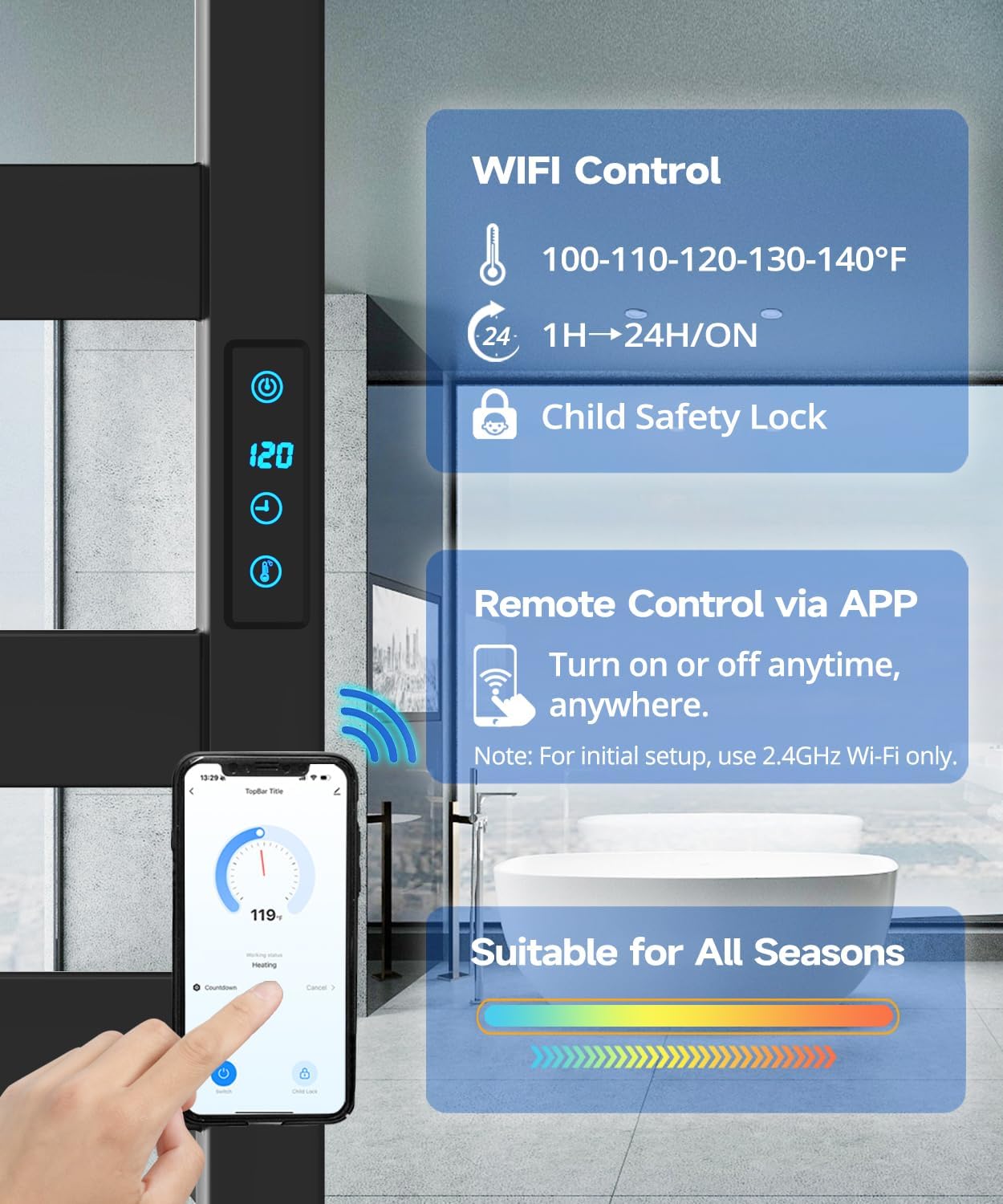 Towel Warmer Rack with WiFi, 6 Bars Large Towel Racks with Temperature & Timing Control, Foldable Bracket, Digital Display, Stainless Steel, Plug-in, Wall Mounted, Black