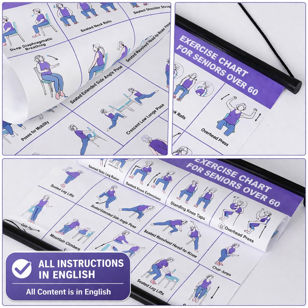 Affiche de yoga sur chaise pour seniors et débutants – tableau mural de yoga en tissu avec barres de suspension – affiche suspendue pour sport maison et mobilité douce, Guide d'activités d'étirement