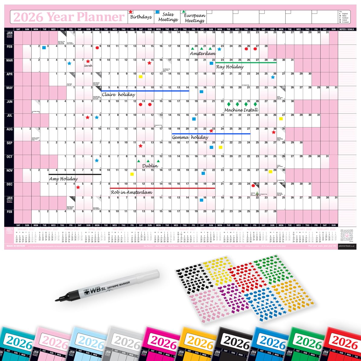 PlannerHead 2026 Laminated Wall Planner/Yearly Calendar 2026 UK & Ireland with Bank Holidays/Dry Wipe Pen & 400 Stickers / 2027 Footnote/Sky Blue Large (49x70cm) โ image 1