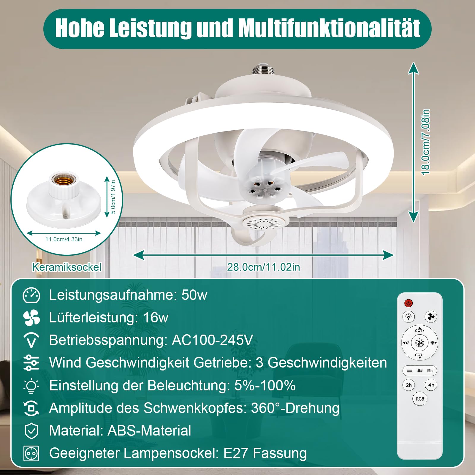 YOOHBERRYS Lampe mit Ventilator, deckenventilator klein, RGB Ventilator mit Lampenfassung E27, deckenventilator mit beleuchtung,16 Farbtemperatur, Timer und 3 Windstufen (28CM*18CM)