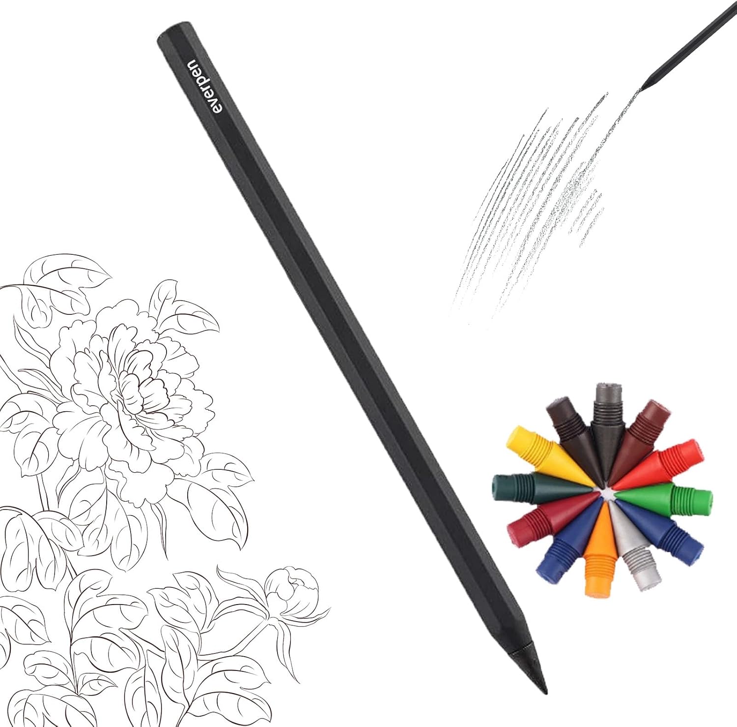 Forever Pencil,Metal Alloy Writing Instrument, With 12 Colored Refill Tips, No Sharpening Required, Pencils for Drawing, Sketching and Writing (Black)