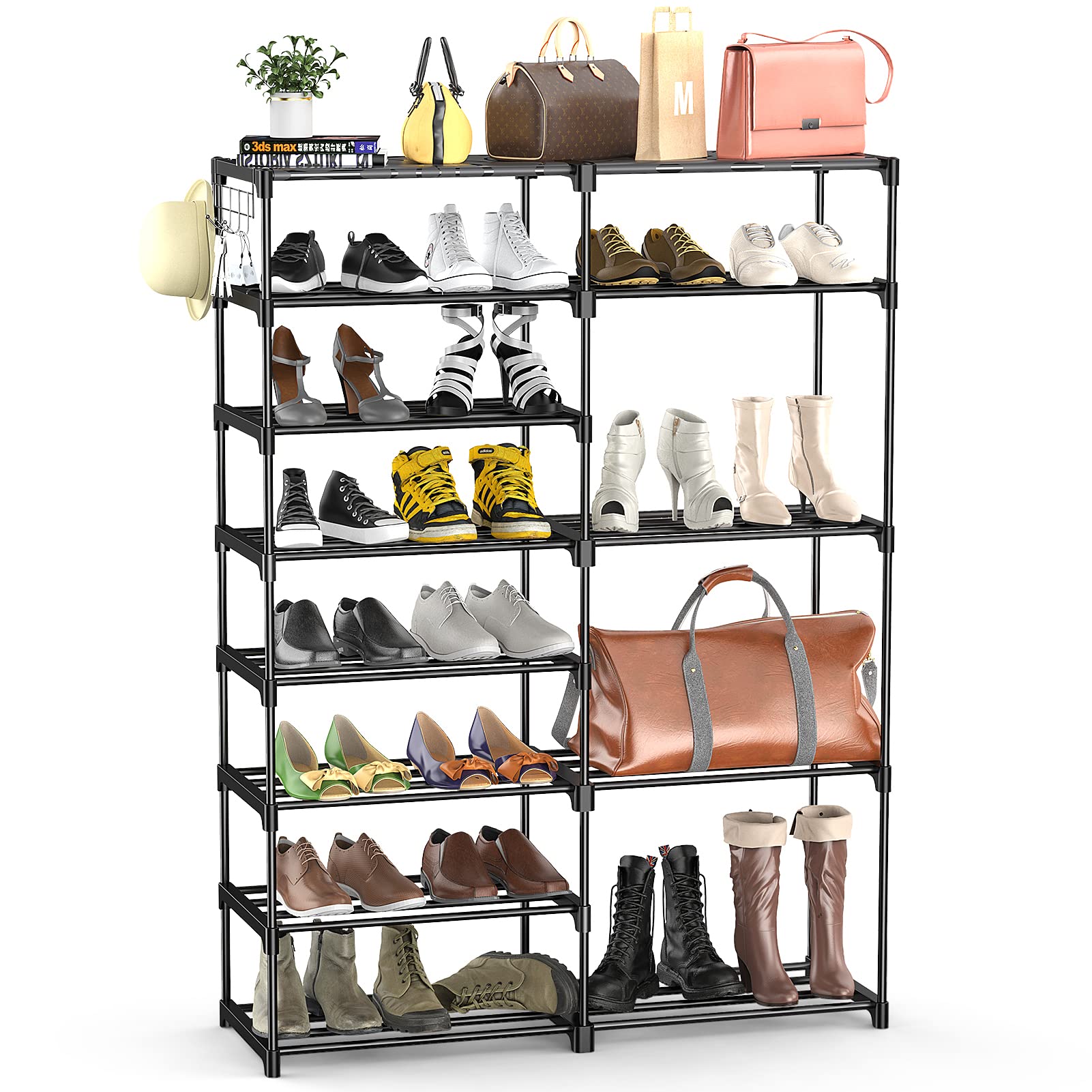 8 Tiers Shoe Rack, Stackable Shoe Tower Organizer Non-Woven Fabric, Durable Boot Shoe Shelf Storage, 26-30 Pairs, Black