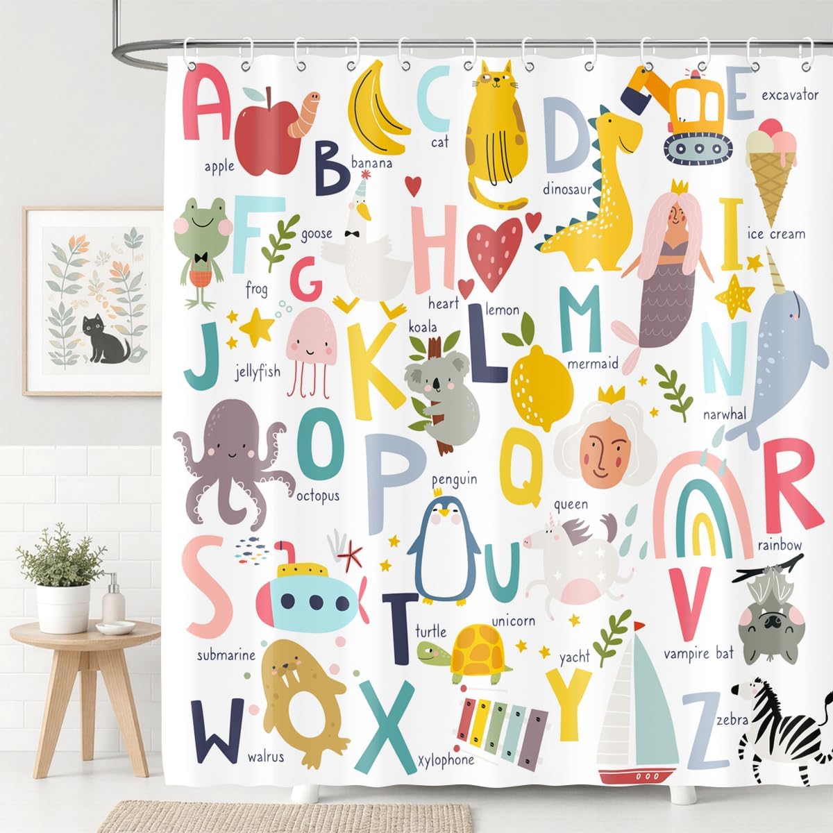 Kids ABC Shower Curtain Alphabet Educational Learning Tool Toddler Baby Cartoon Animals Girls Boys Colorful Bath Curtain Decor Waterproof Fabric 72Lx72W Inch with Hooks