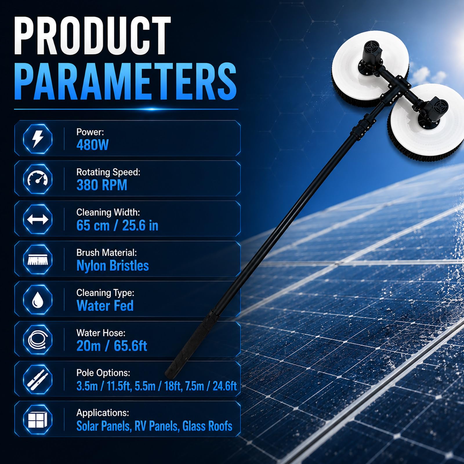 Limpiador Eléctrico para Paneles Solares – Cepillo de Nylon Doble Cabezal con Manguera de Agua de 20 m 7.5m(24.6ft)