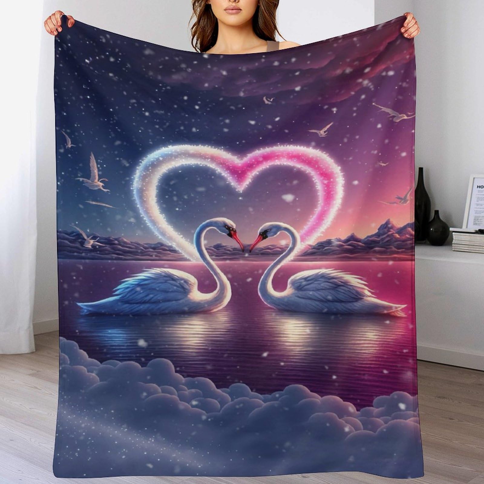 Couverture cygne en flannel douce 150x200 cm pour lit et canapé
