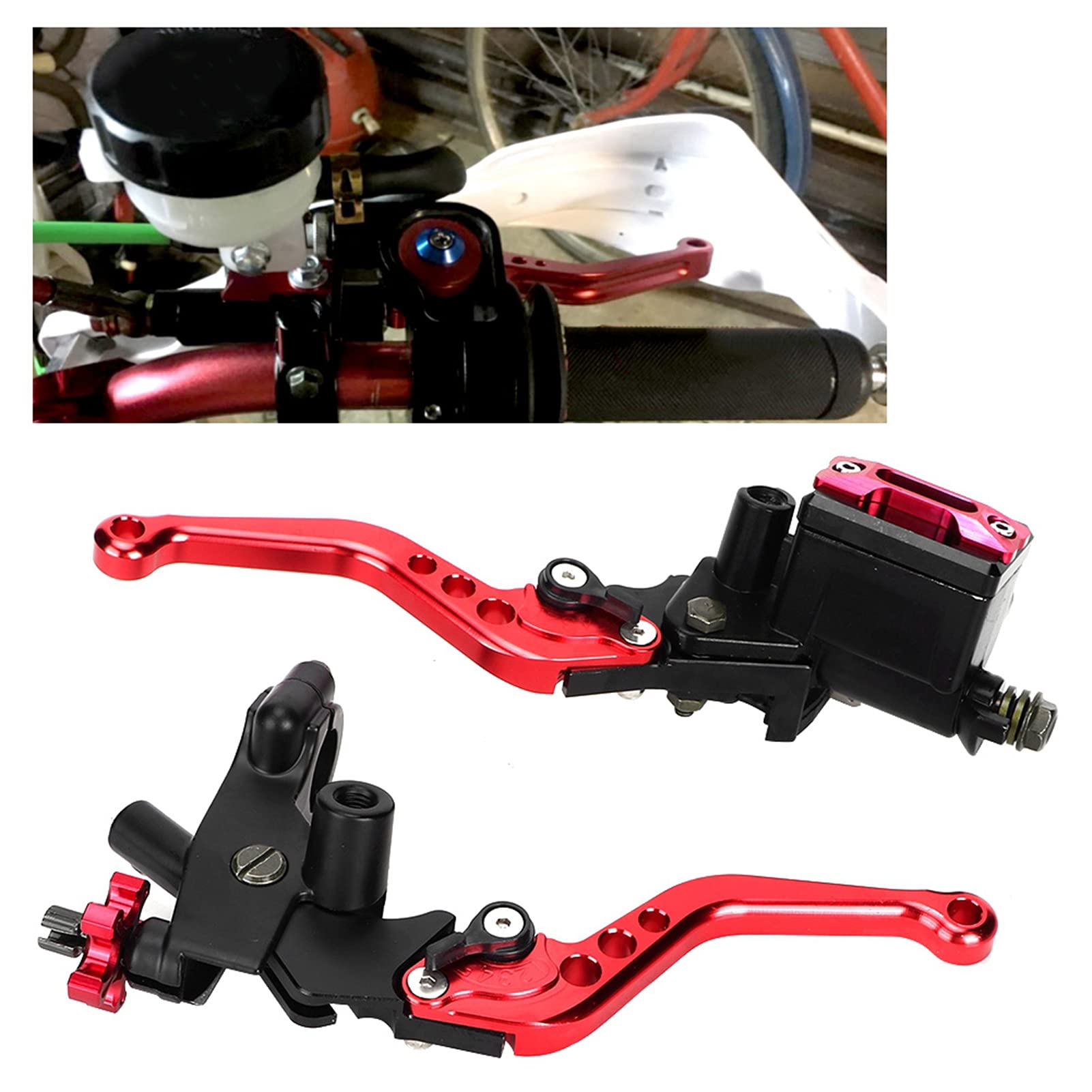 Leve frizione Freno Moto universali 7/8in, Set maniglia leva frizione pompa superiore freno regolabile idraulicamente (Rosso)