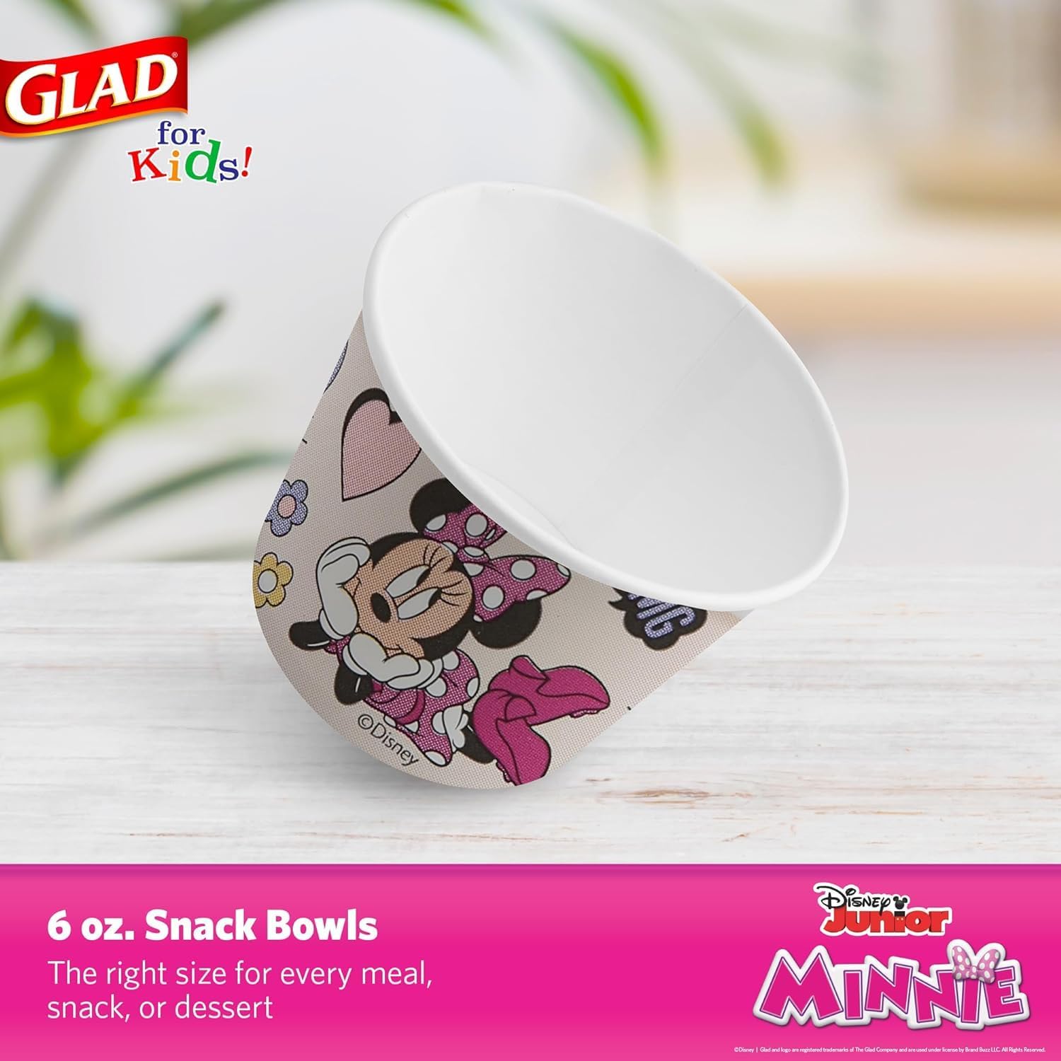 Glad for Kids Disney Mickey & Friends Disposable Paper Snack Bowls, Lids Not Included, Pink Minnie - Heavy Duty, Microwavable, Disposable Snack Cups with Lid for Soup or Ice Cream, 6 Ounce, 20 Count