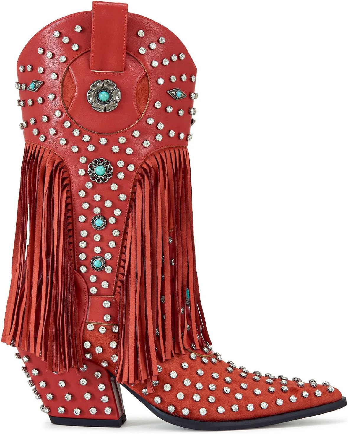 Women's Fringe Western Cowgirl Boots Pointed Toe Rhinestone Mid Calf Cowboy Boots for Women