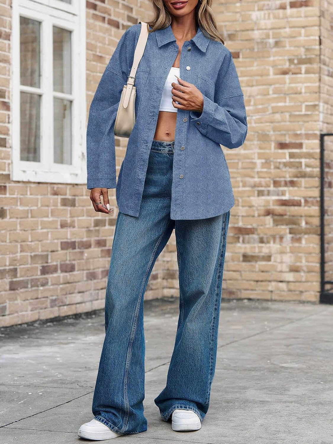 Tankaneo Womens Oversized Denim Shirt Jacket Button Down Long Sleeve Fall Casual Jean Shackets - Image 4