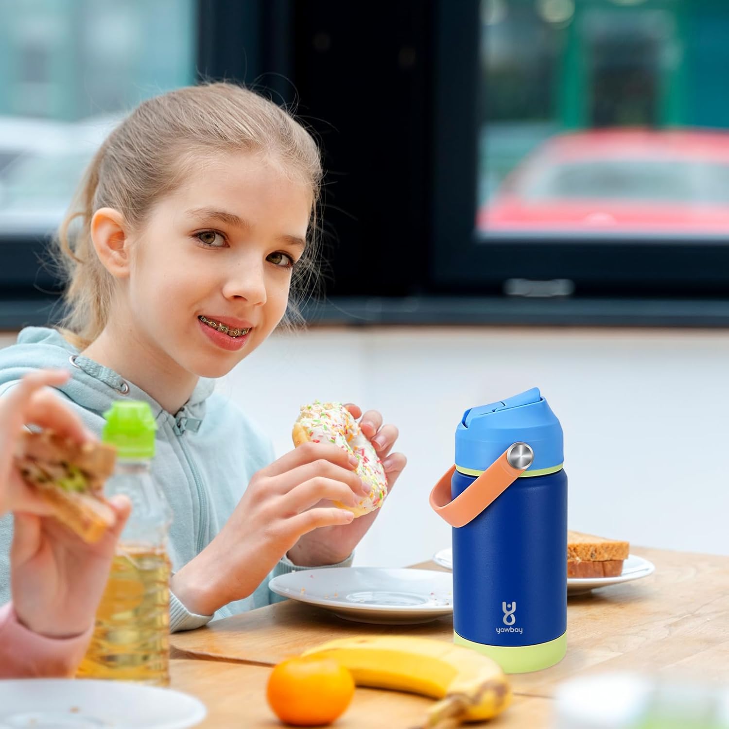Kids Insulated Water Bottle with Straw Lid & Silicone Handle,12oz Kids Leak Proof Water Bottle for School Boys Girls,Double Wall Vacuum Stainless Steel with Non-slip Silicone Base(Dark Blue) - Image 7
