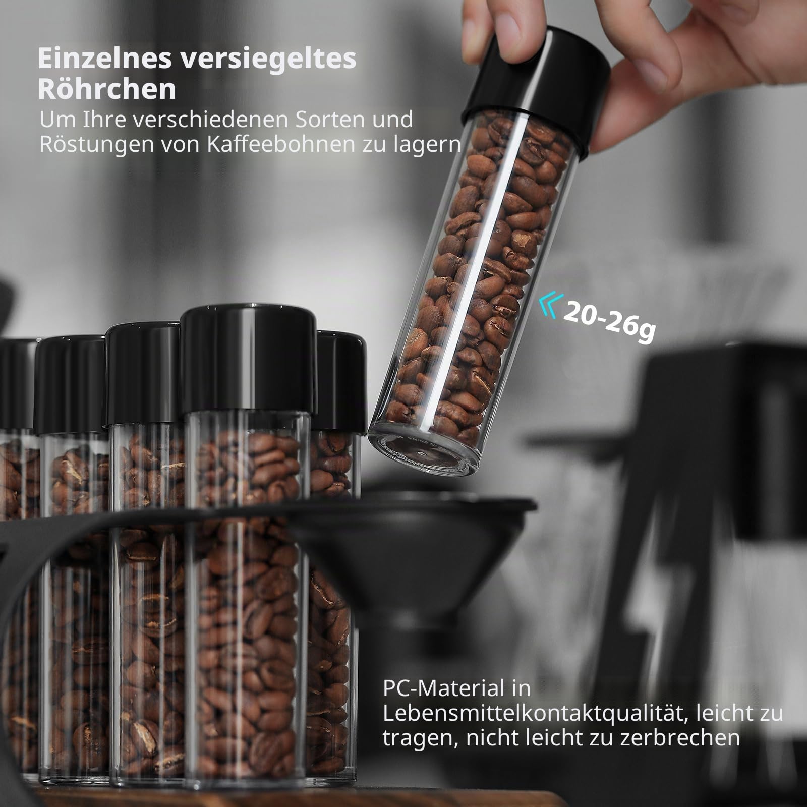 MHW-3BOMBER C5152-OS Aufbewahrungsröhrchen für Kaffeebohnen, 1 Dosierung, Kaffeebohnenkeller mit Einwegventil, Espresso-Dosierfläschchen mit Walnussständer und Trichter, 8 Stück