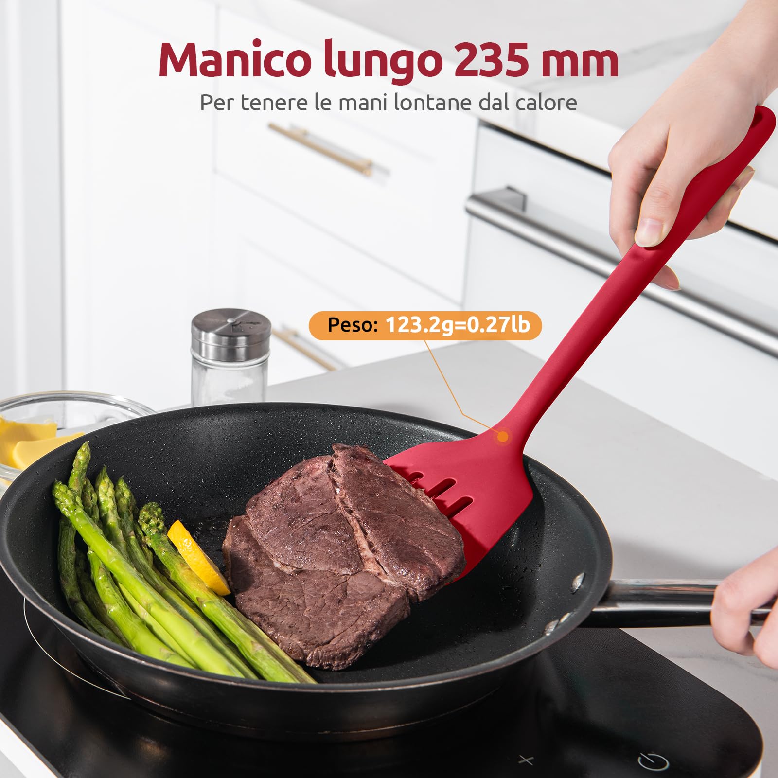 U-Taste Extra lunga spatola in silicone: Spatola da cucina solida e scanalata resistente al calore a 315 ℃, flipper da cucina per friggere pancakes di pesce (Rosso, 2 pezzi)