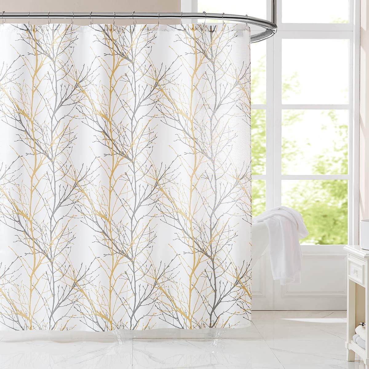 Yellow White Shower Curtain for Bathroom 72" Water Resistant Tree