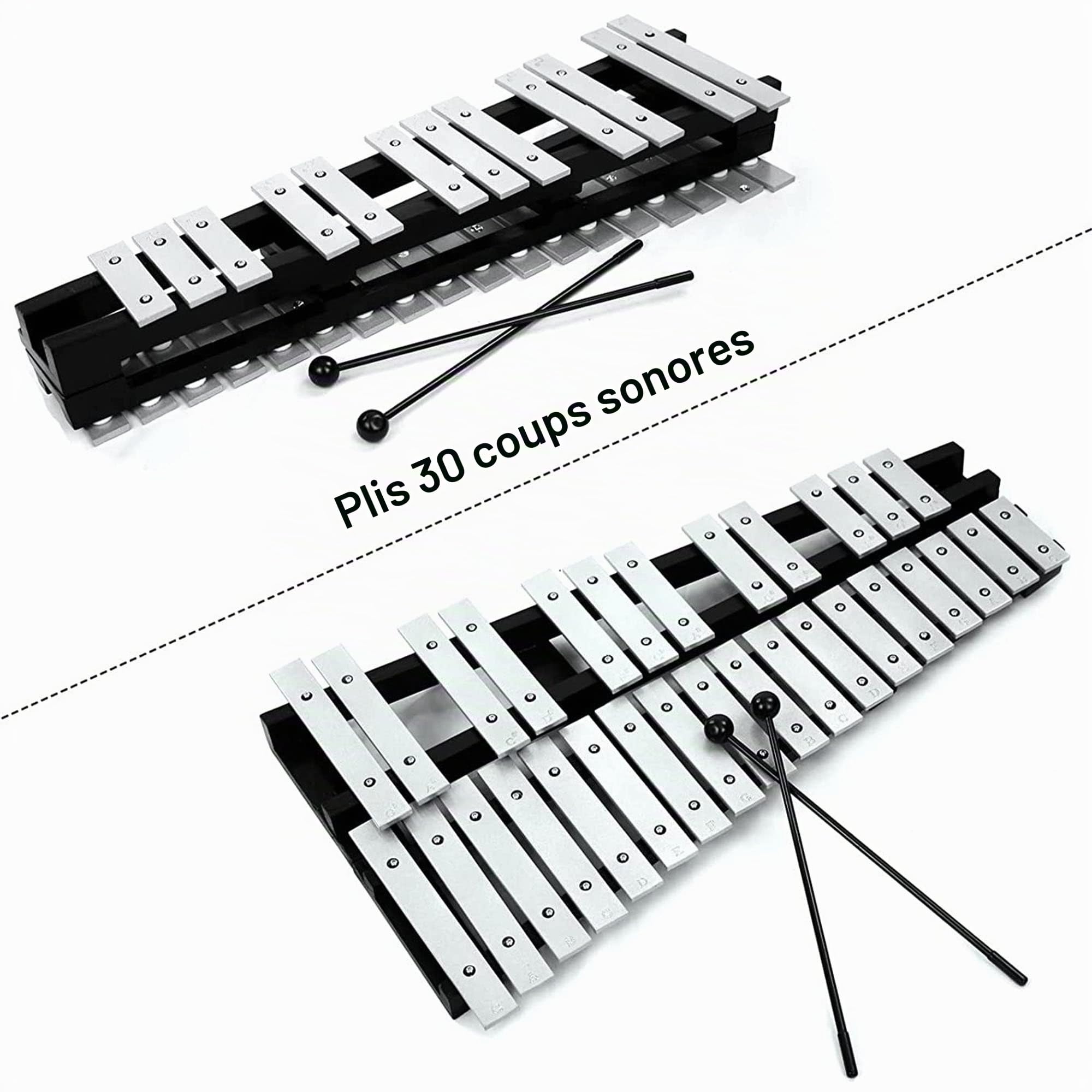OUUTMEE Xylophone 30 notes, glockenspiel, barres en aluminium avec 2 maillets, support avec étui de rangement, spectacle, concert, présentation, concours d'art scolaire