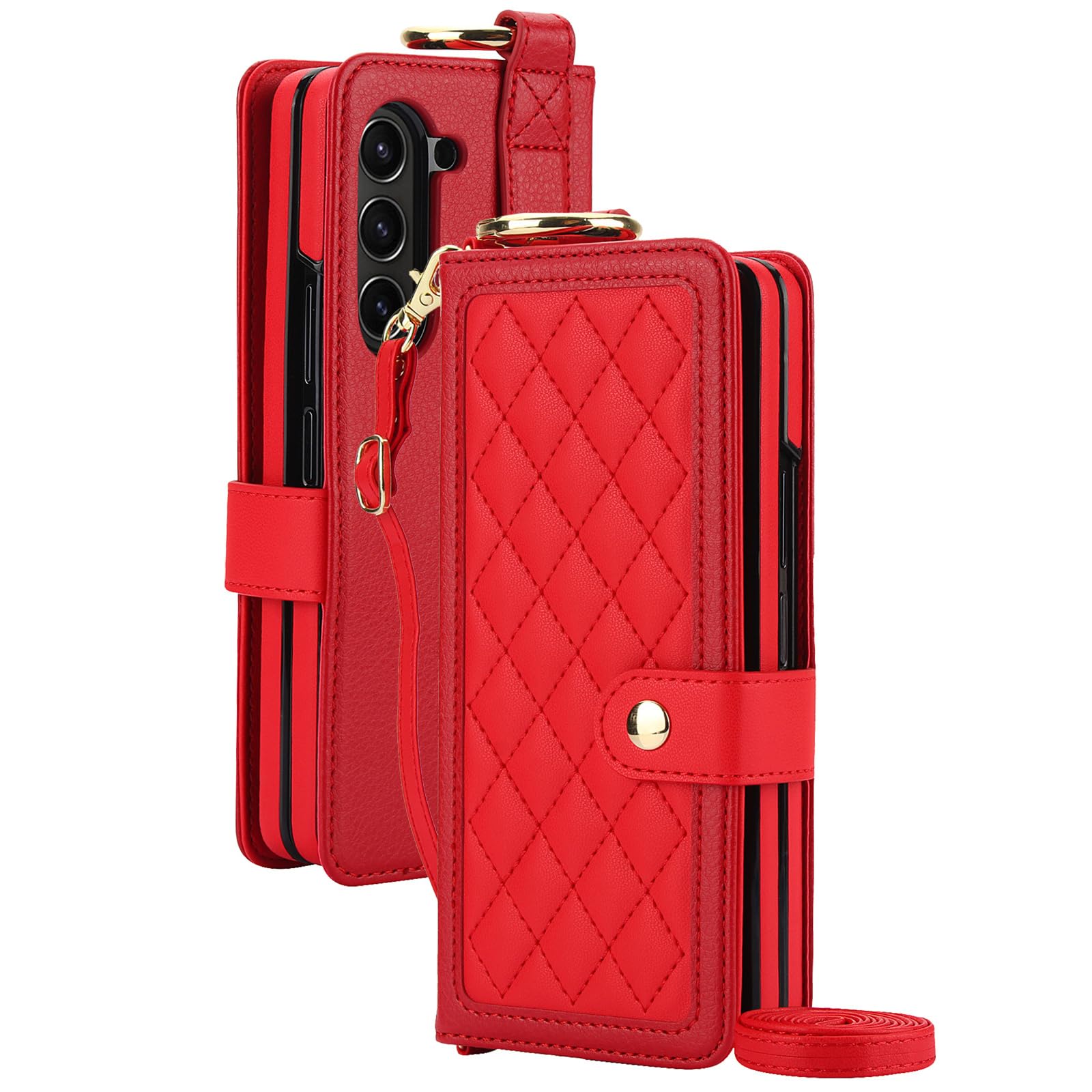 Skórzane etui do Samsunga Galaxy Z Fold 6, modny portfel z klapką, etui na telefon komórkowy z 4 miejscami na karty i uchwytem na długopis S, pasek na nadgarstek, etui z podstawką, czerwone