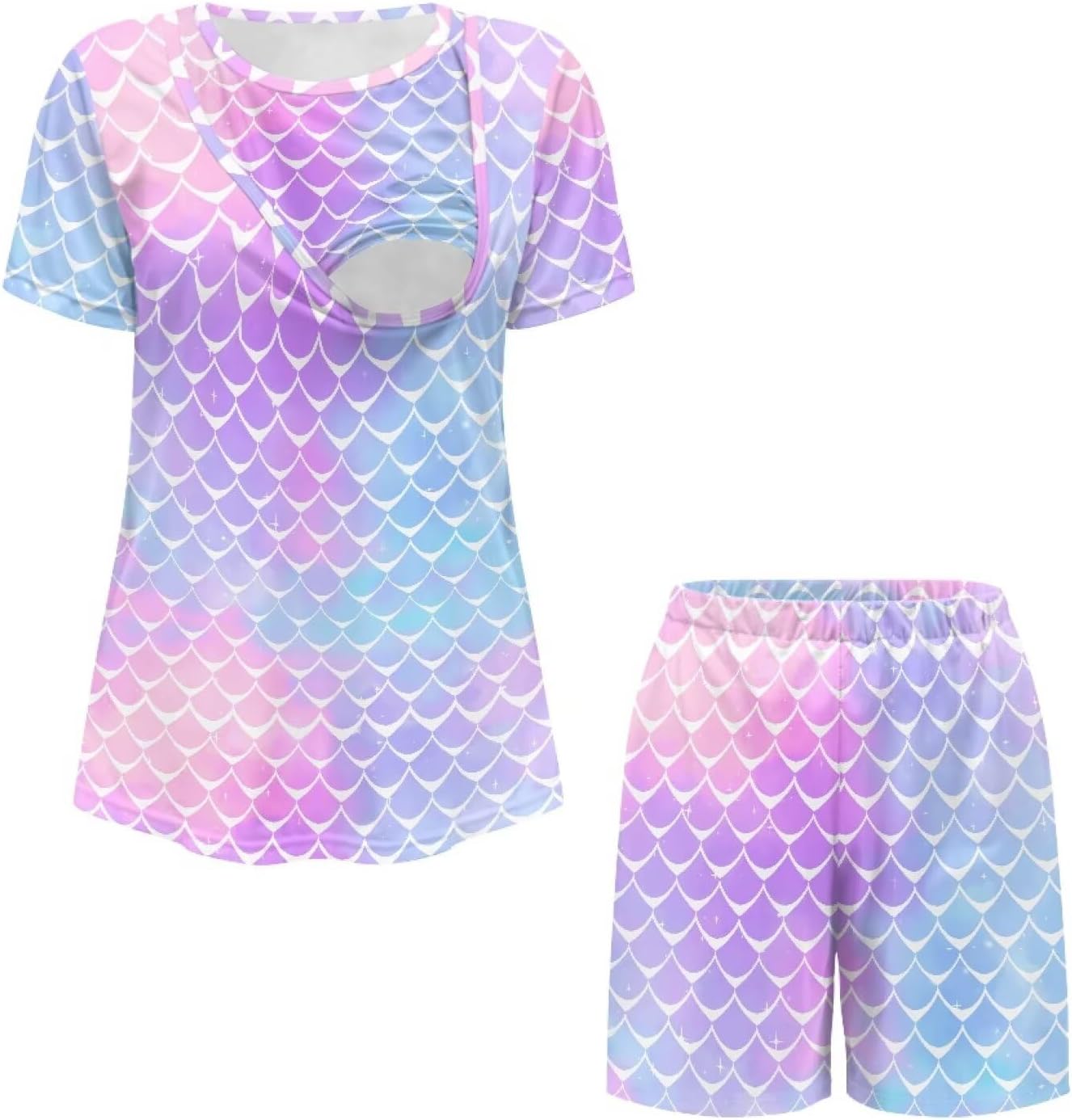 Women's Short Sleeve Nursing Pajama Set, Double Layer Breastfeeding Pj Set for Home S-2XL