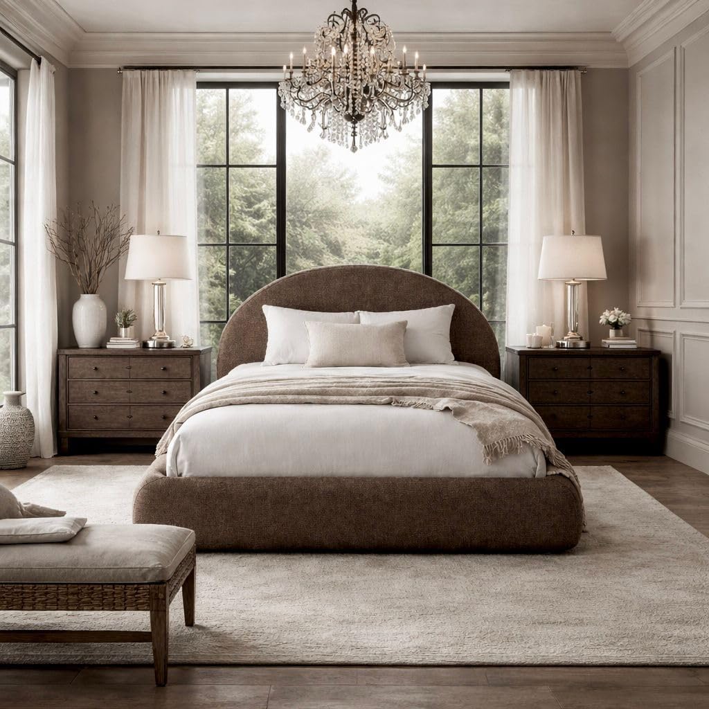 Round Bed – Washable Cover - Soft Upholstered Linen - Minimalist Modern - Half Circle Moon - Sold Separately (Taupe Boucle, Queen Base)