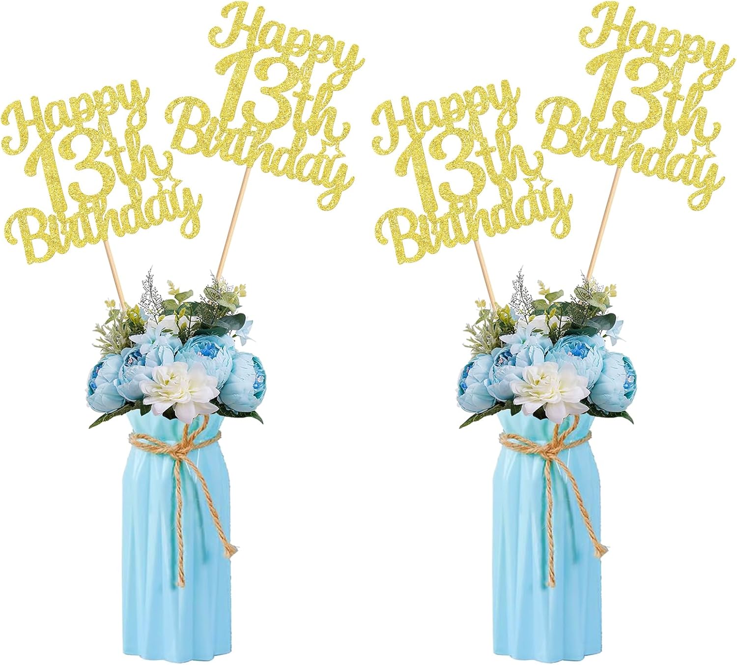 12Pcs Happy 13rd Birthday Party Centerpiece Sticks Golden 13rd Birthday Flower Toppers for Boys Girls Birthday Table Decorations Floral Table Topper 13rd Golden Birthday Party Centerpiece